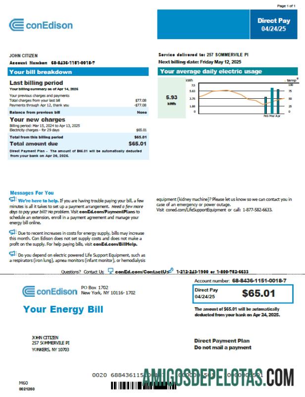 realista Modelo de conta de serviços públicos Conedison dos EUA em formatos Word e PDF, versão 2